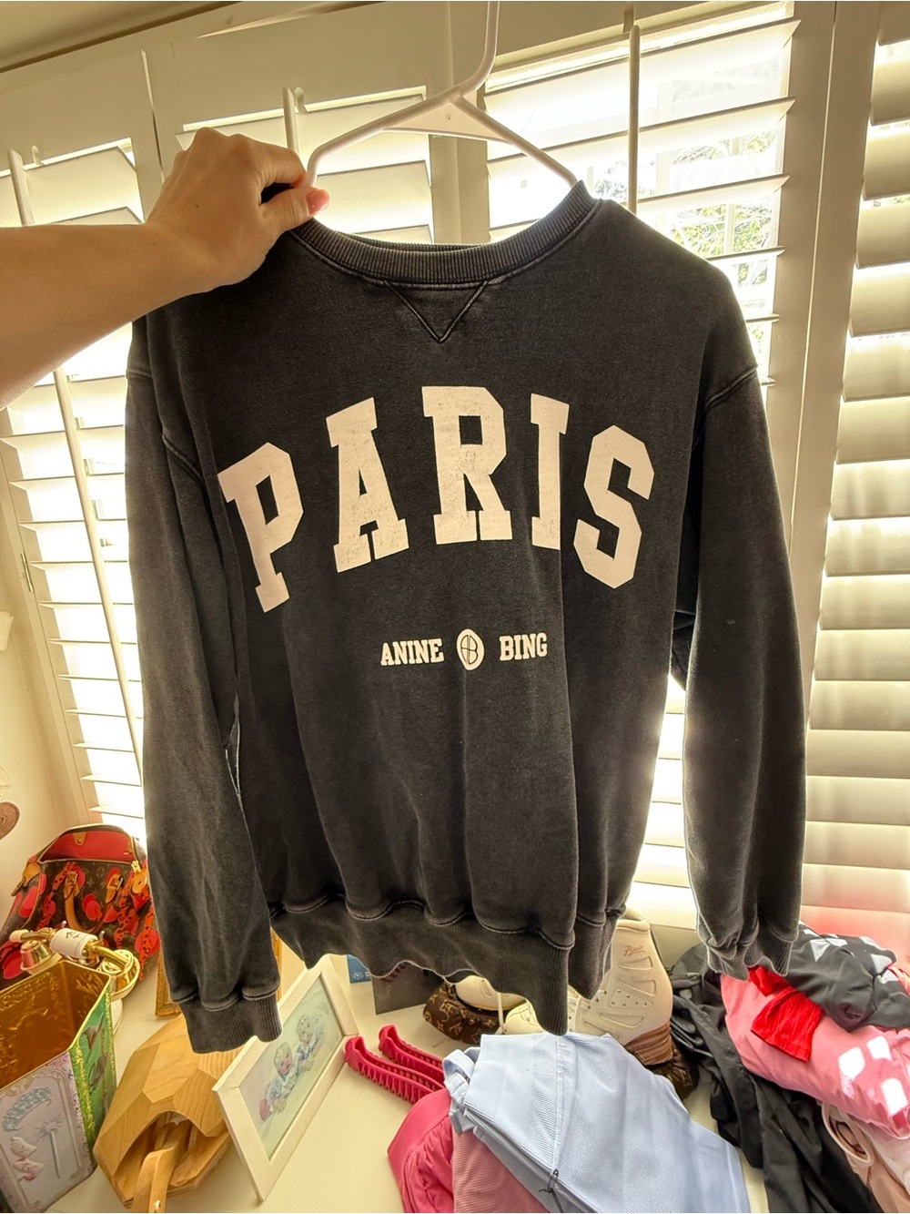Anine Bing Black Paris Crewneck Sweatshirt with White Lettering